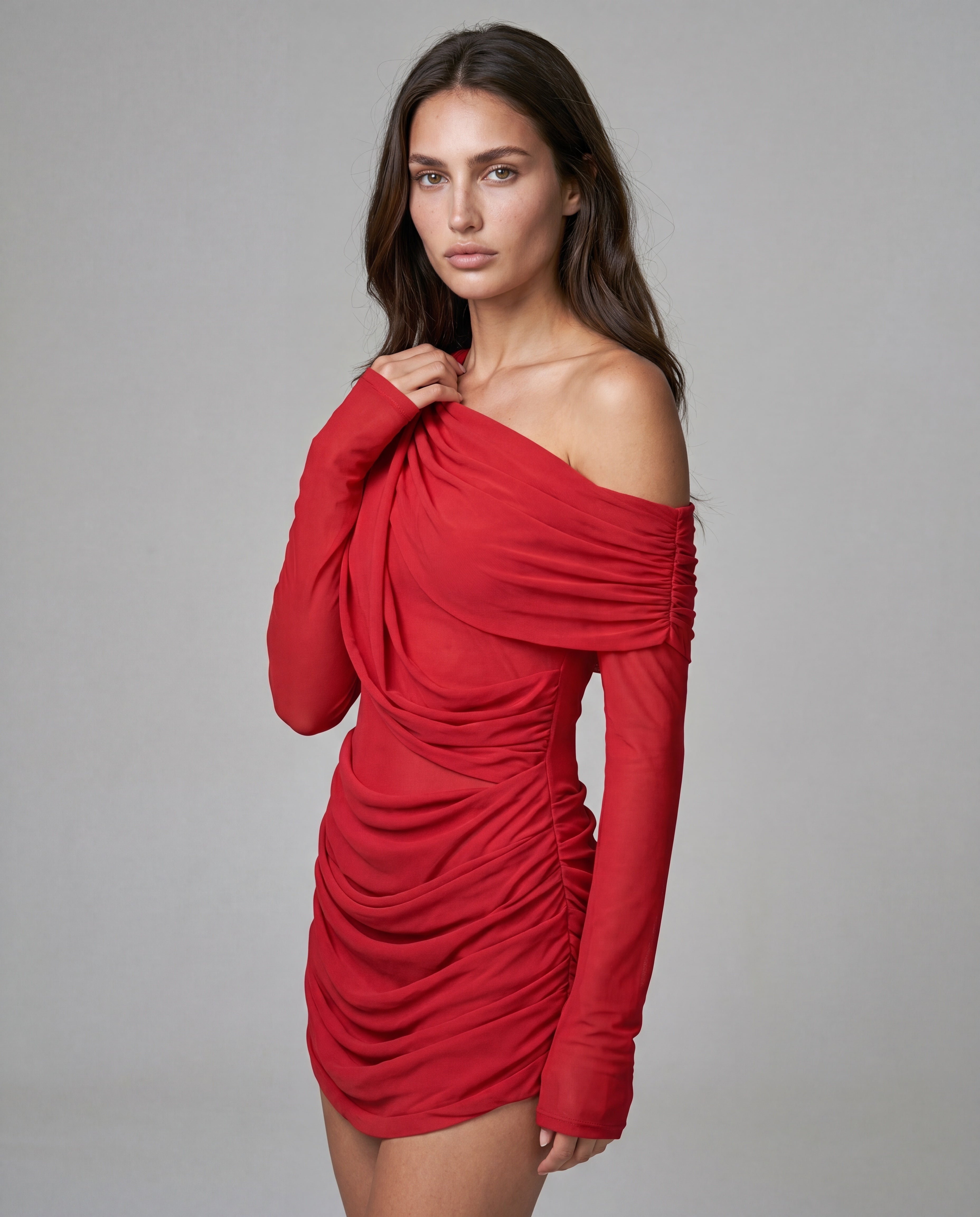 Tan off-shoulder mini - red - hero_3q