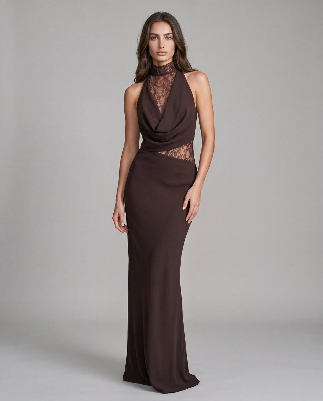 RONI lace-collar maxi - brown - front