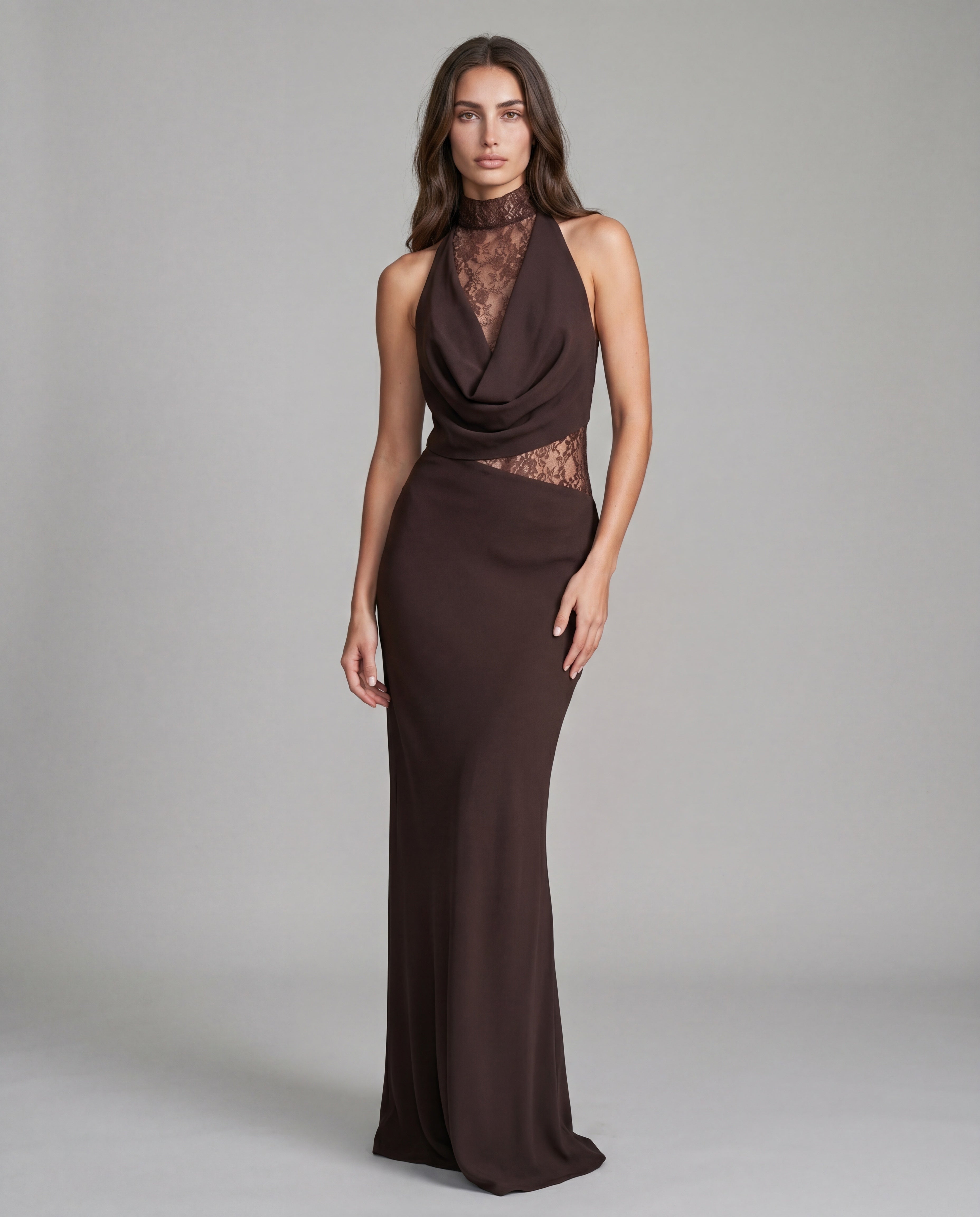RONI lace-collar maxi - brown - front