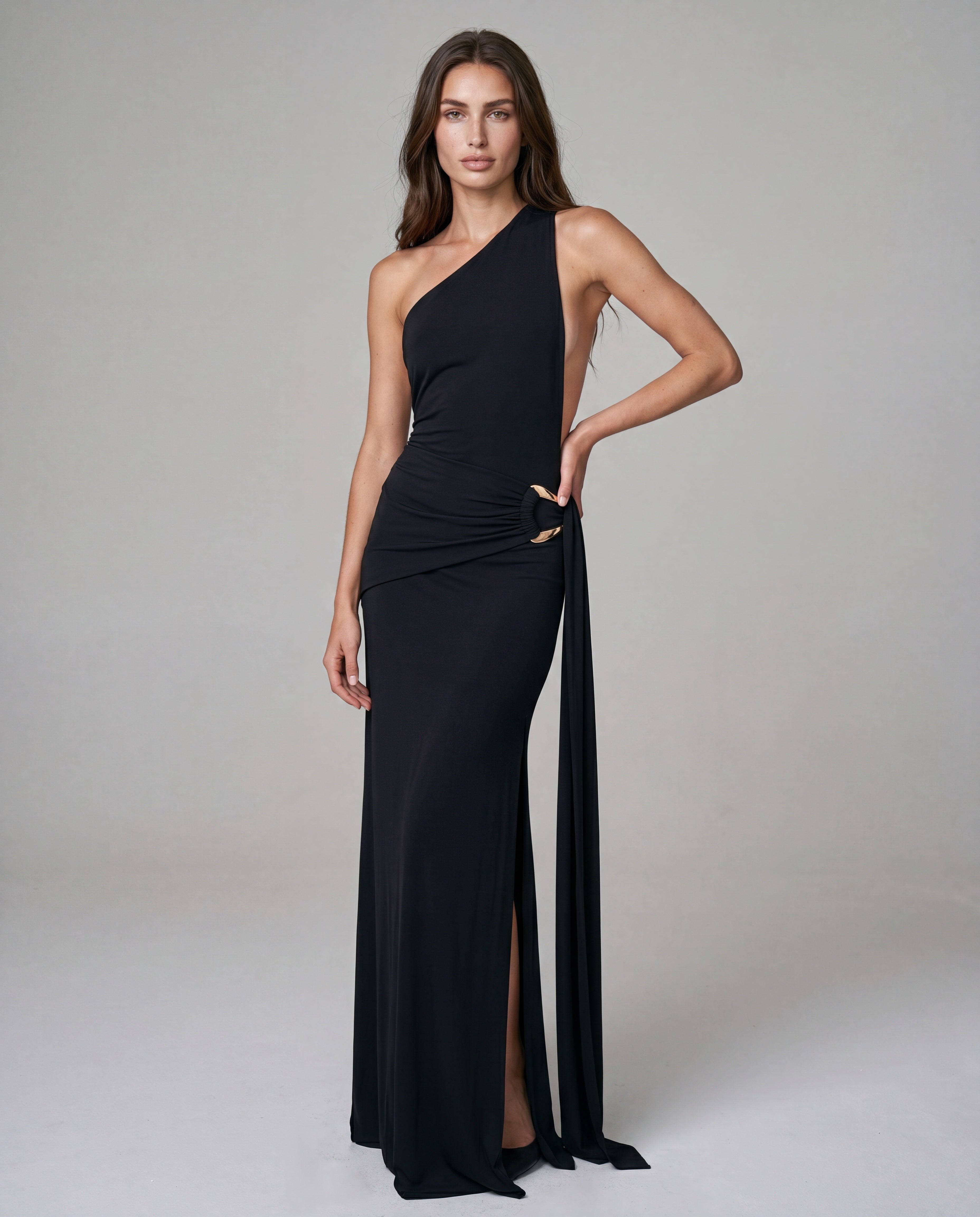 AMIT one-shoulder maxi - black - front