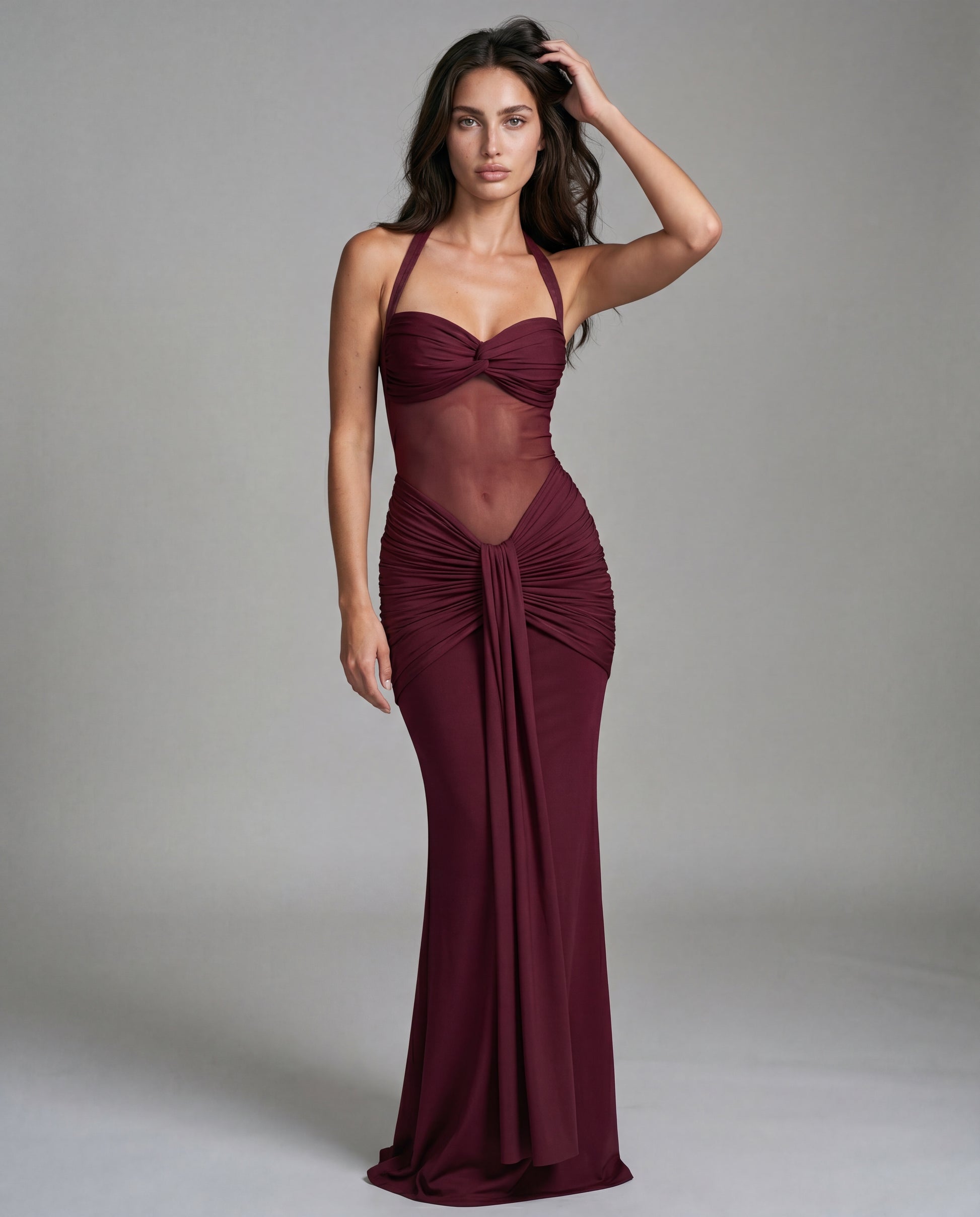 SOL open-back sculpted maxi - burgundy - threequarter