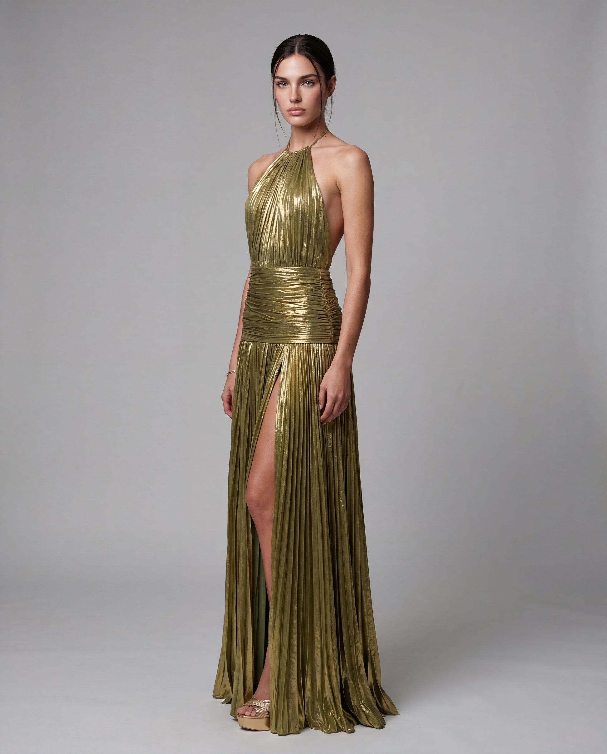 KIKI metallic pleated maxi - olivegold - threequarter
