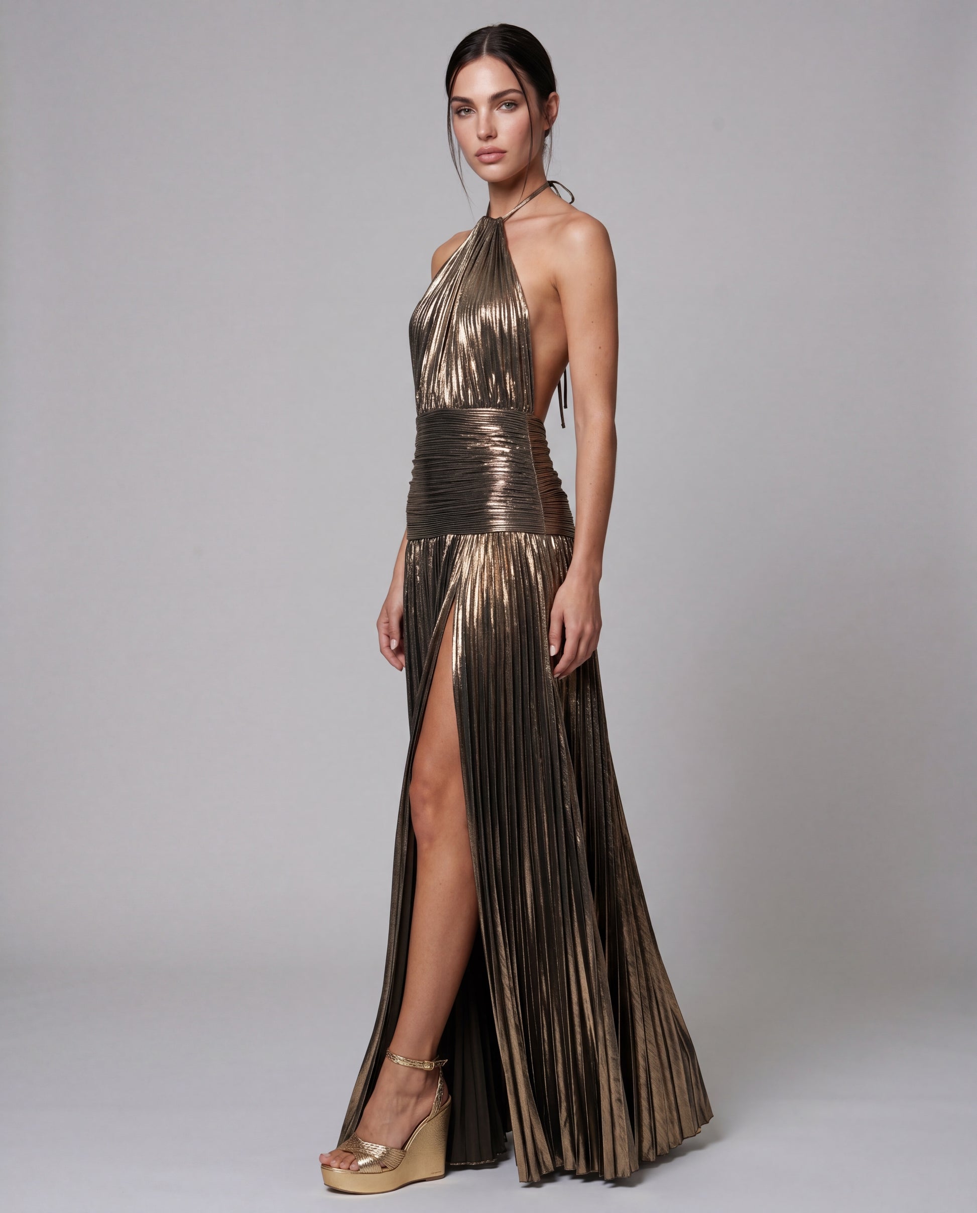KIKI metallic pleated maxi - bronze - threequarter