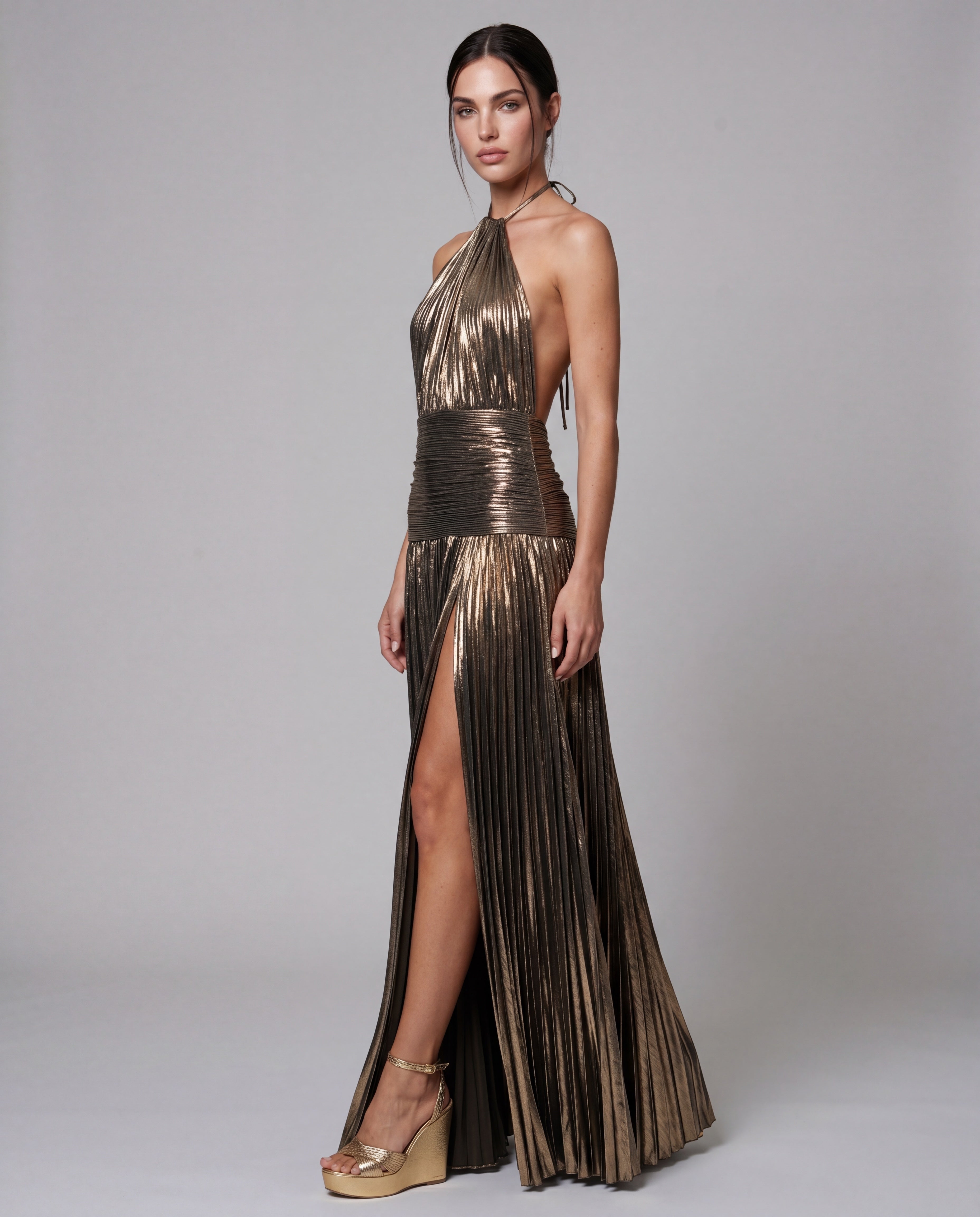 KIKI metallic pleated maxi - bronze - threequarter