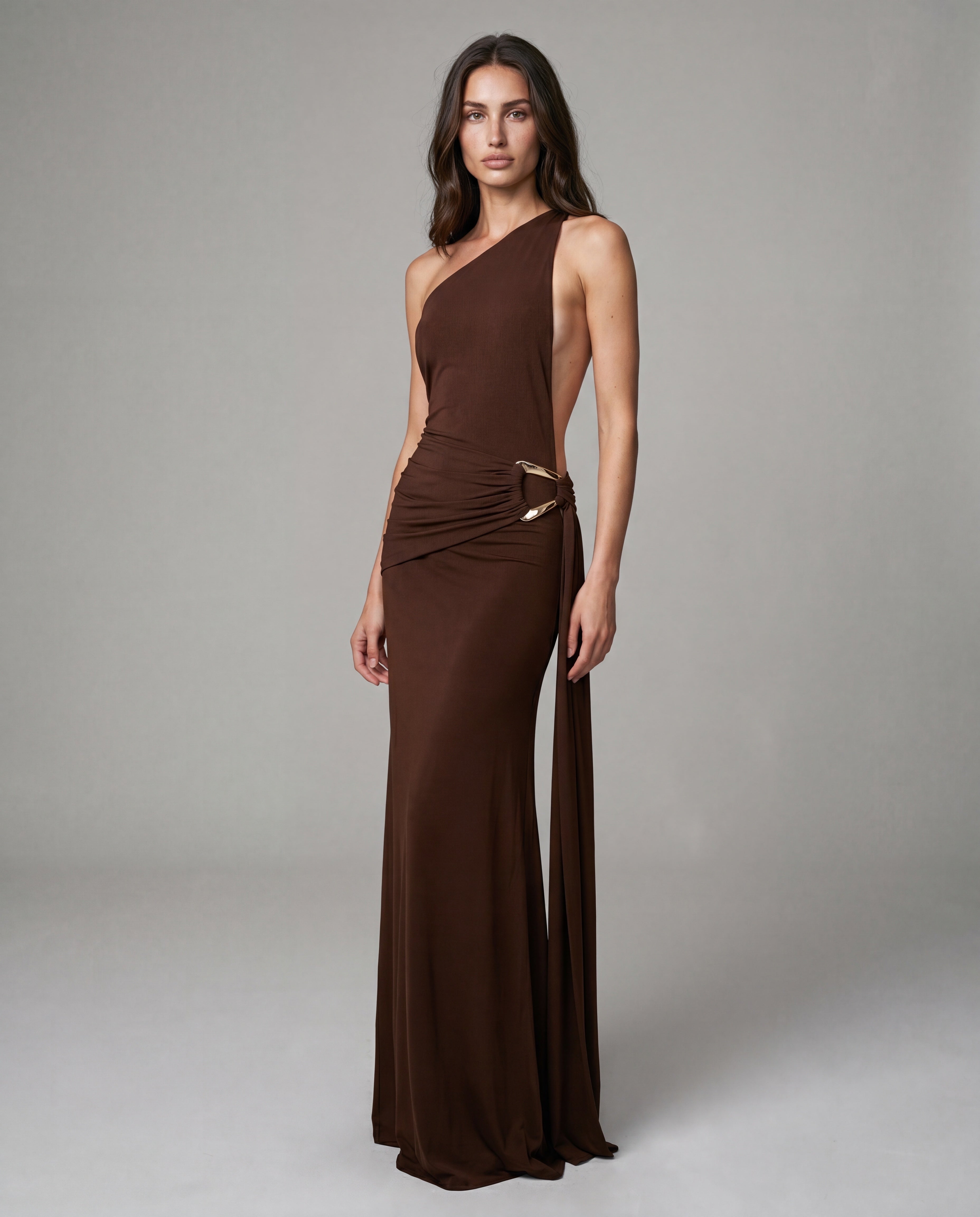 AMIT one-shoulder maxi - brown - threequarter