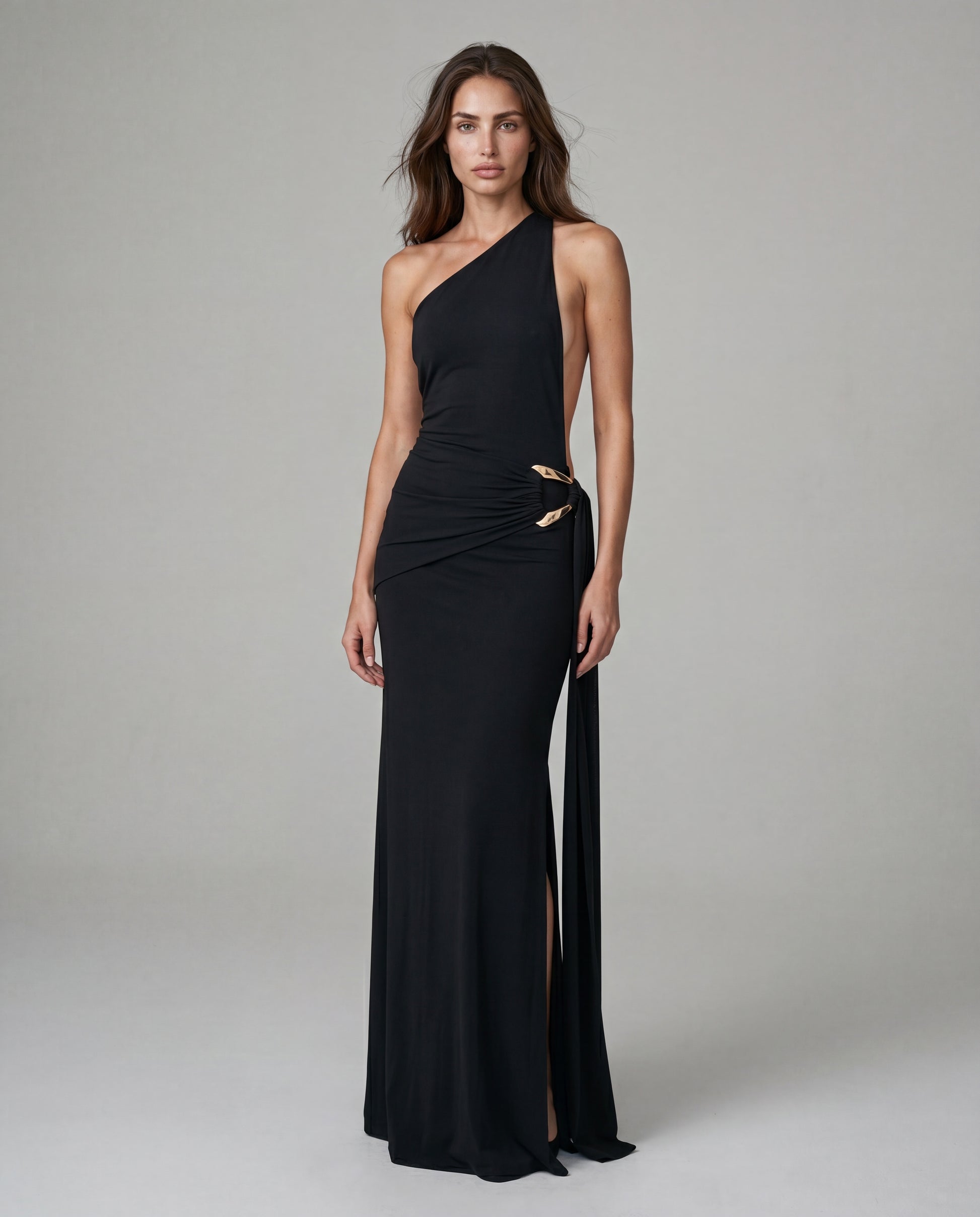 AMIT one-shoulder maxi - black - threequarter