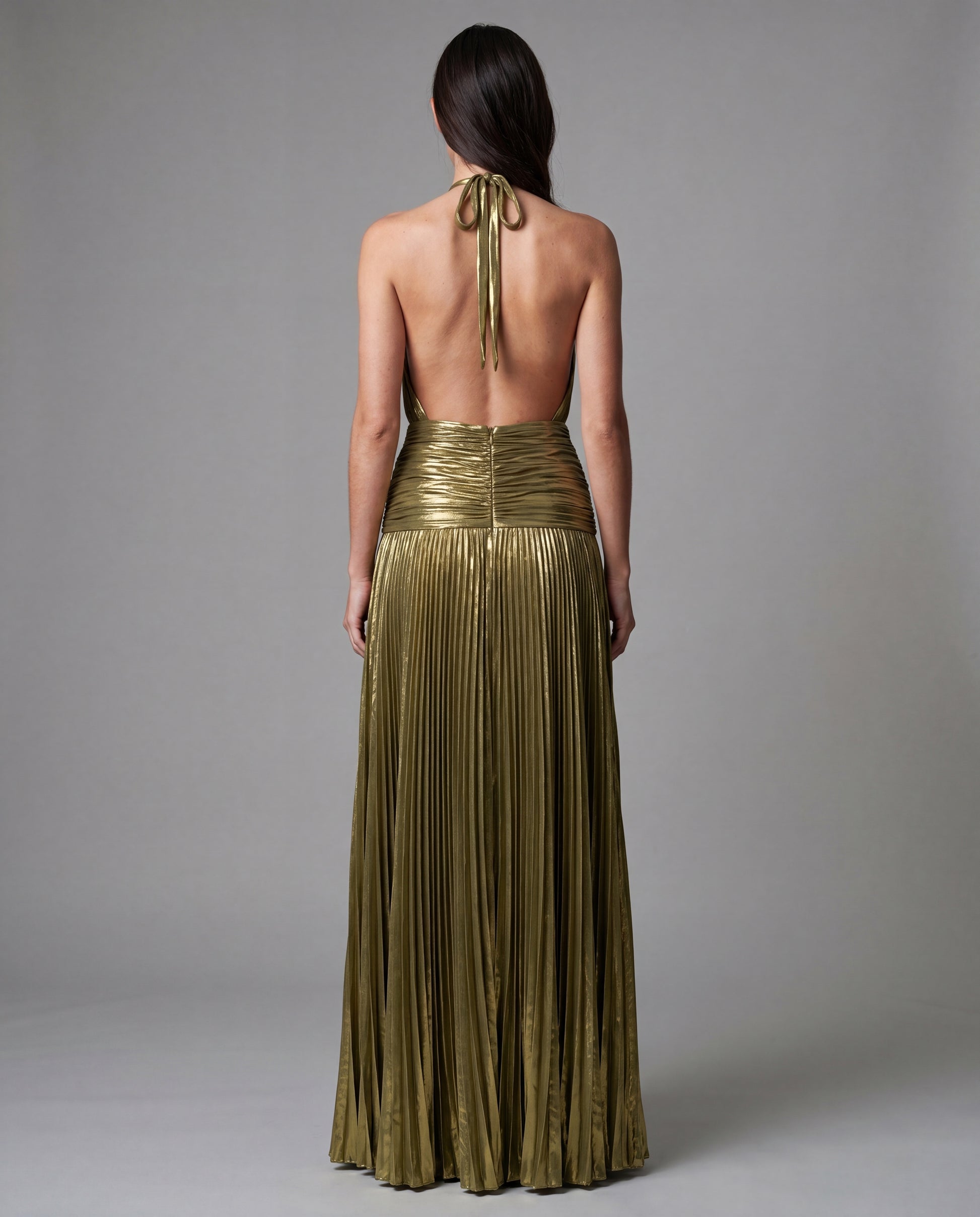 KIKI metallic pleated maxi - olivegold - back