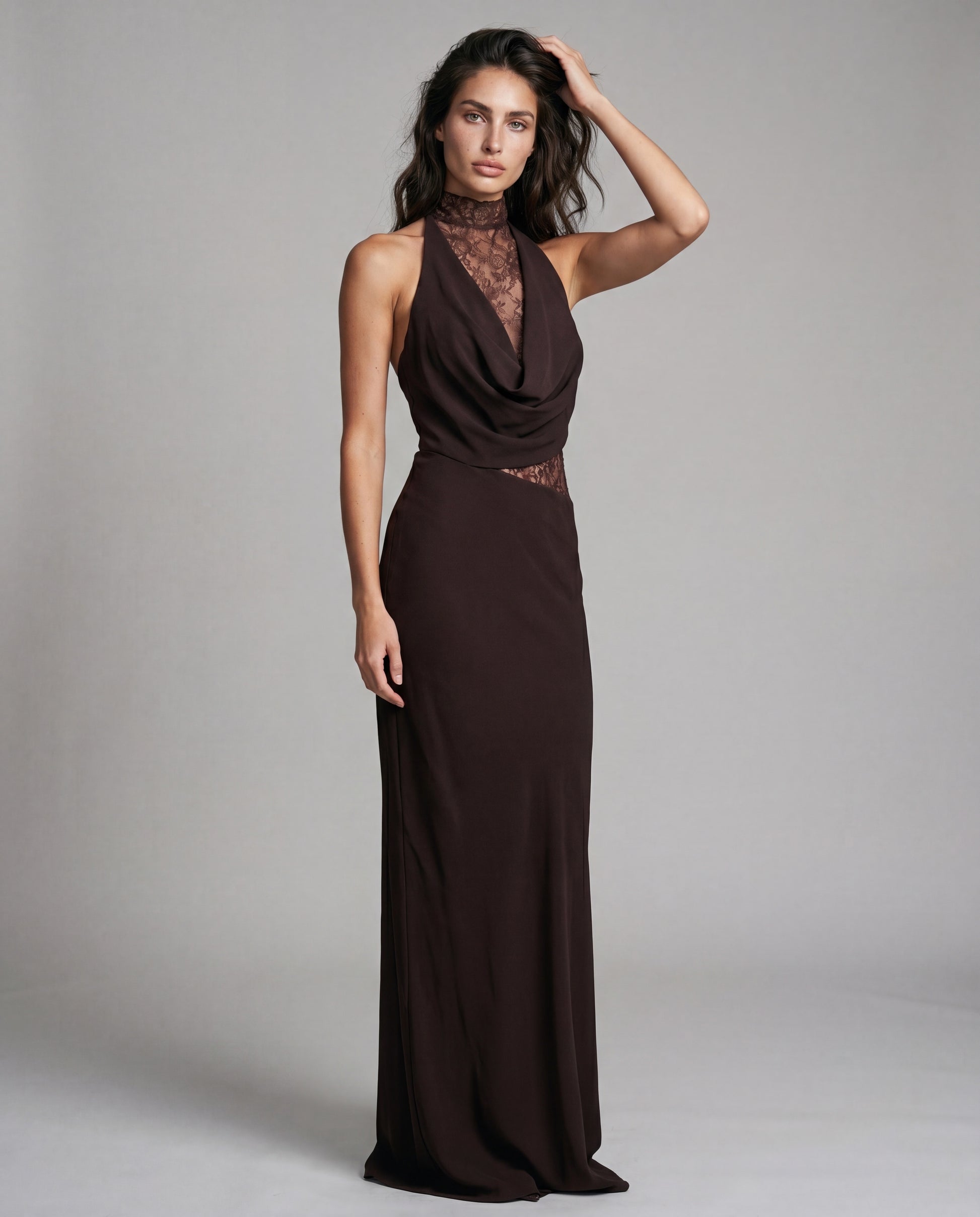 RONI lace-collar maxi - brown - threequarter