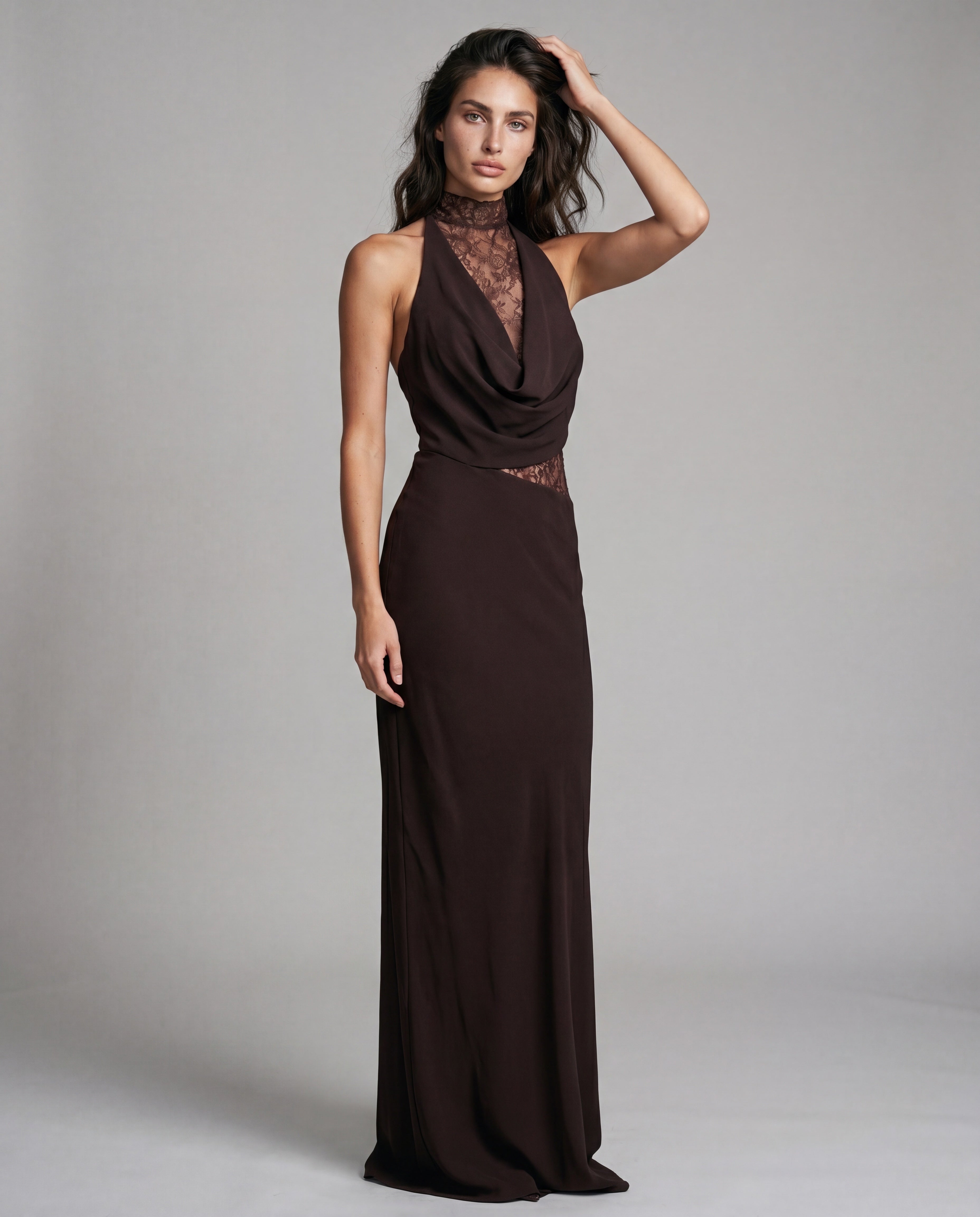 RONI lace-collar maxi - brown - threequarter