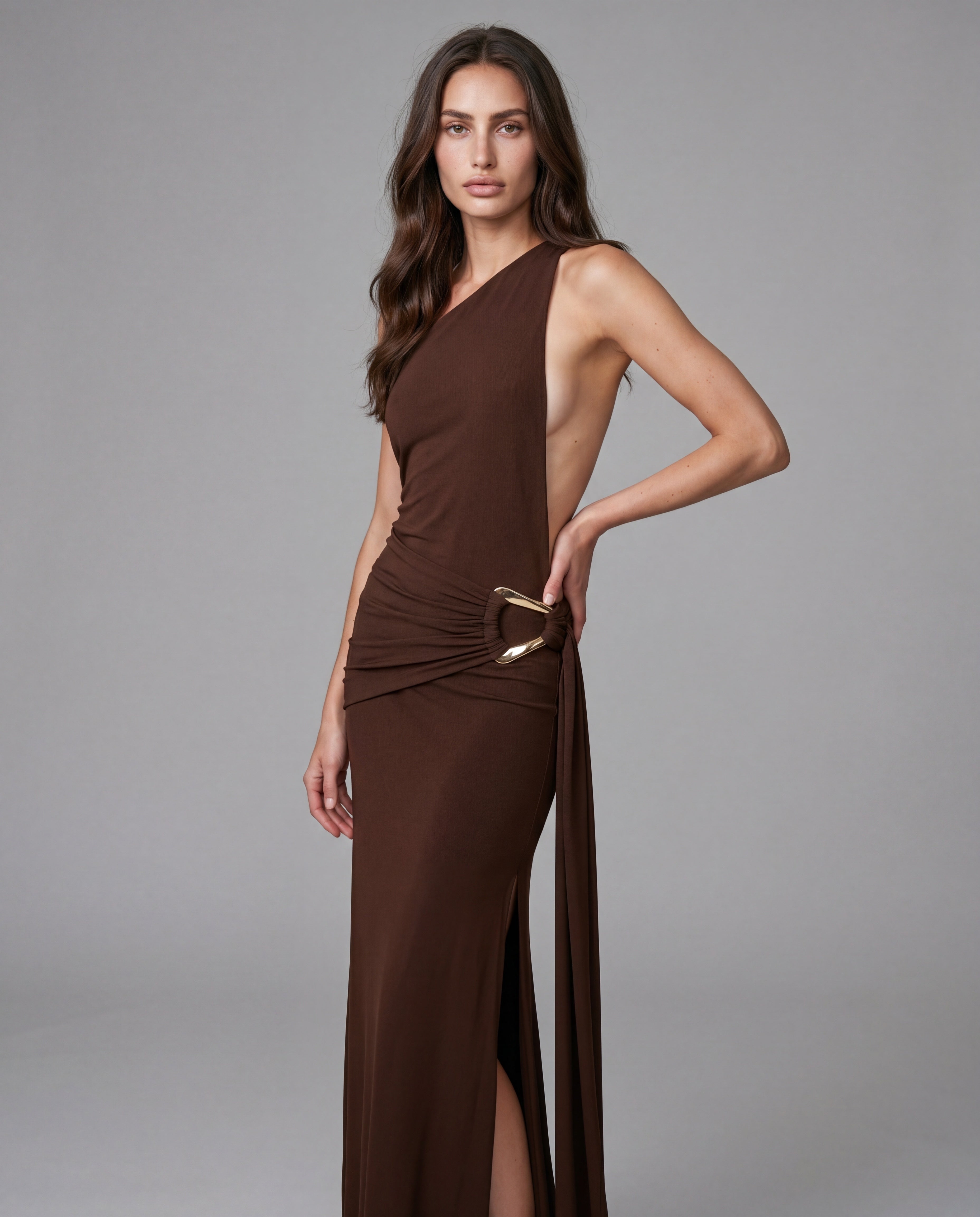 AMIT one-shoulder maxi - brown - front