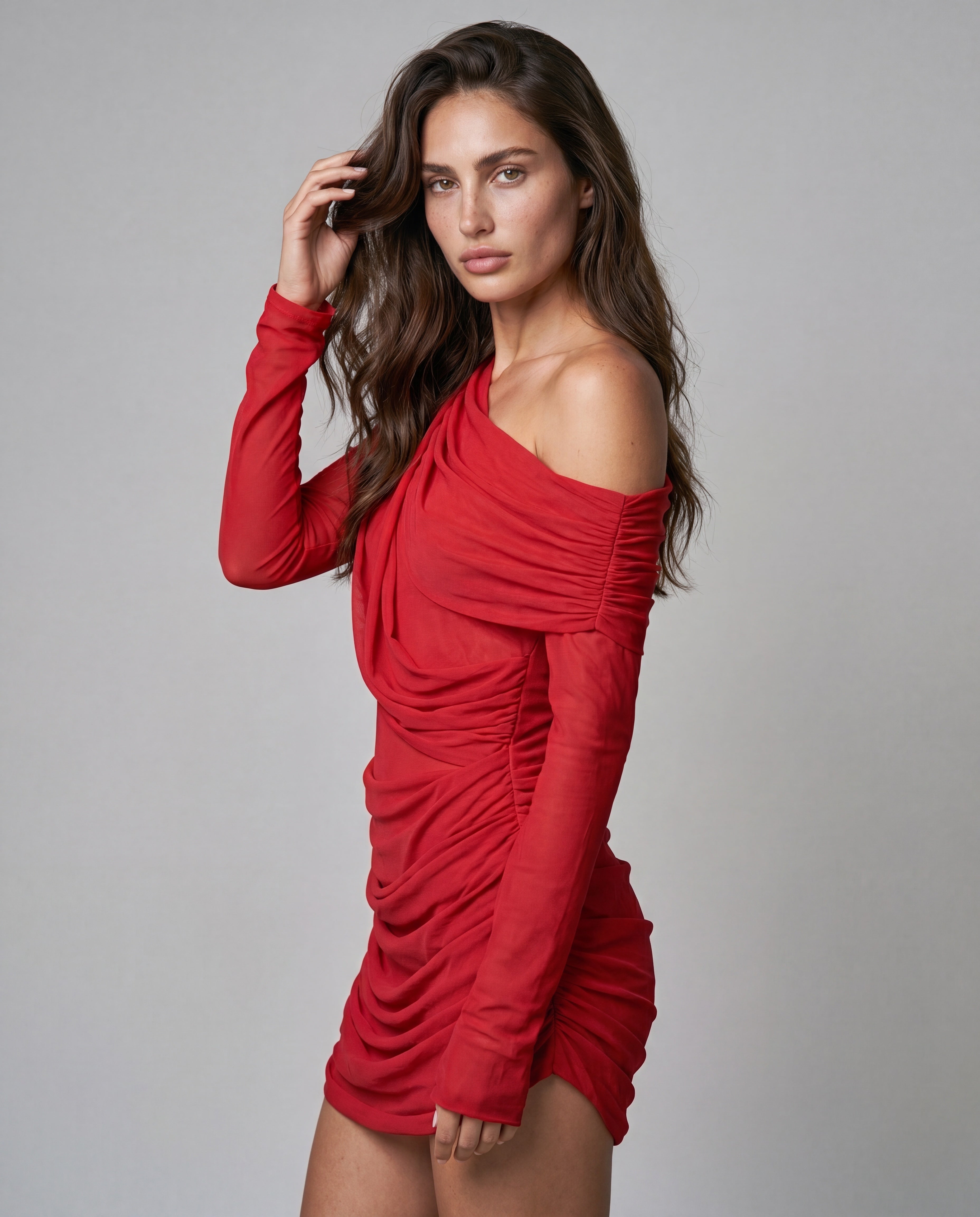 Tan off-shoulder mini - red - threequarter