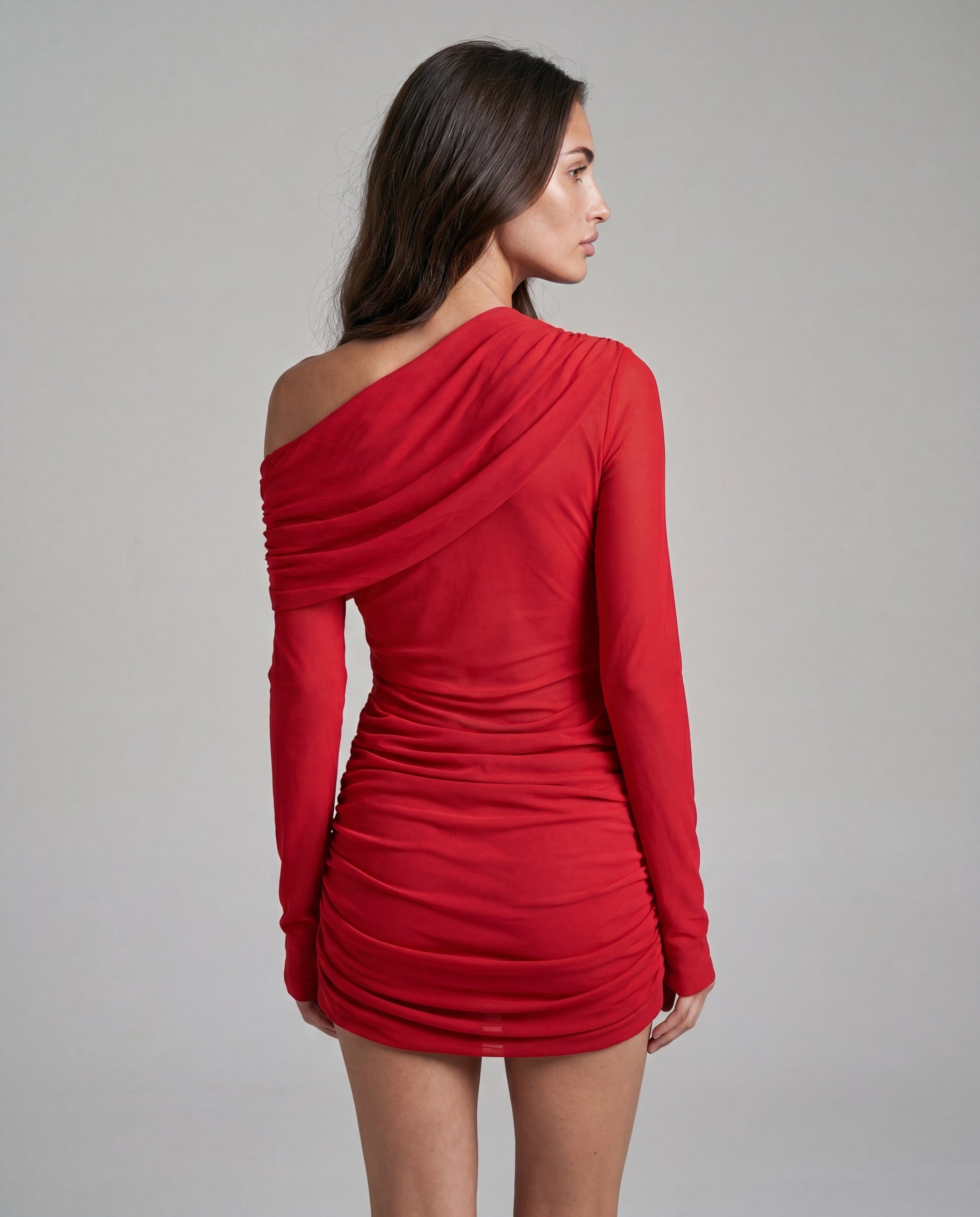 Tan off-shoulder mini - red - back
