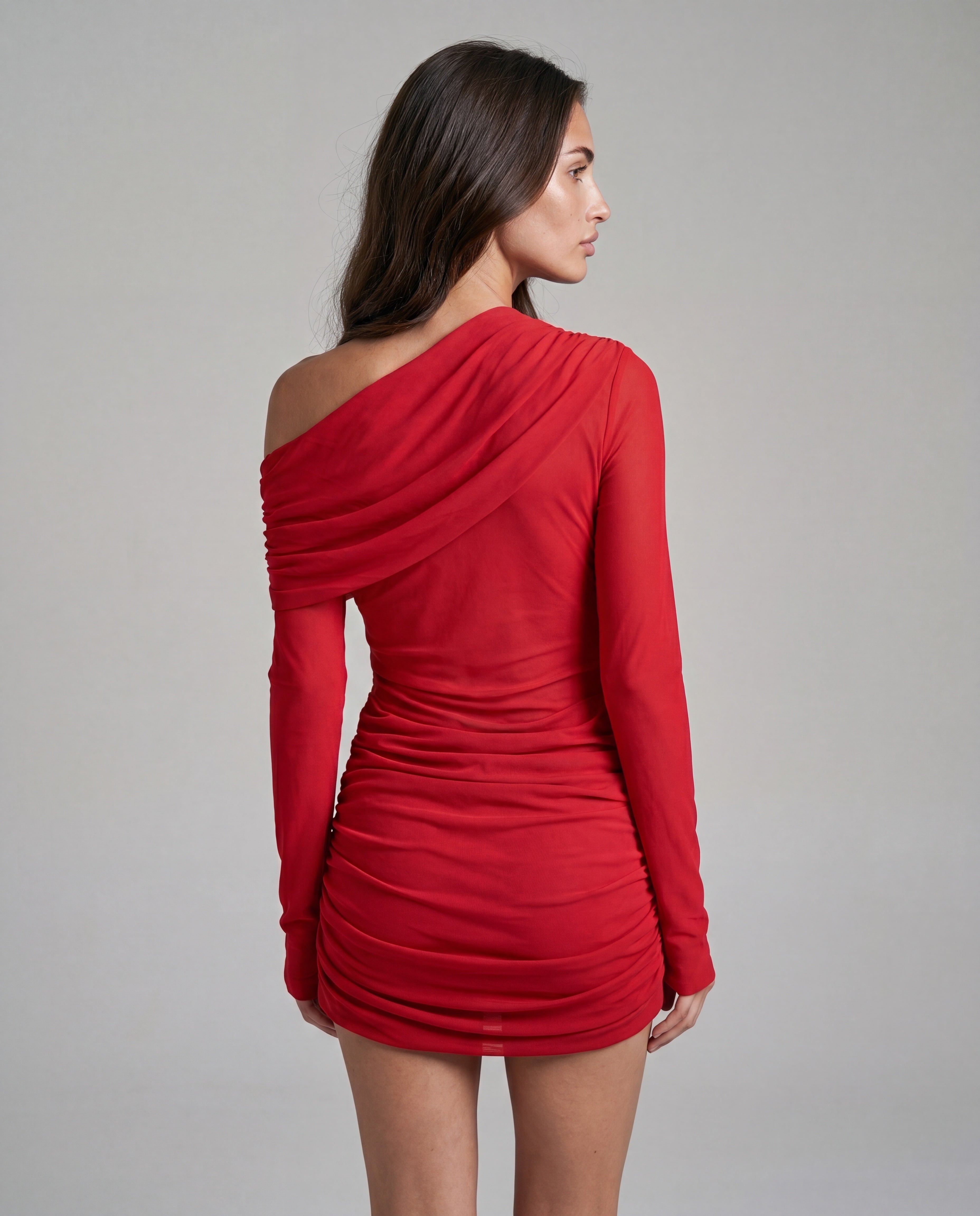 Tan off-shoulder mini - red - back