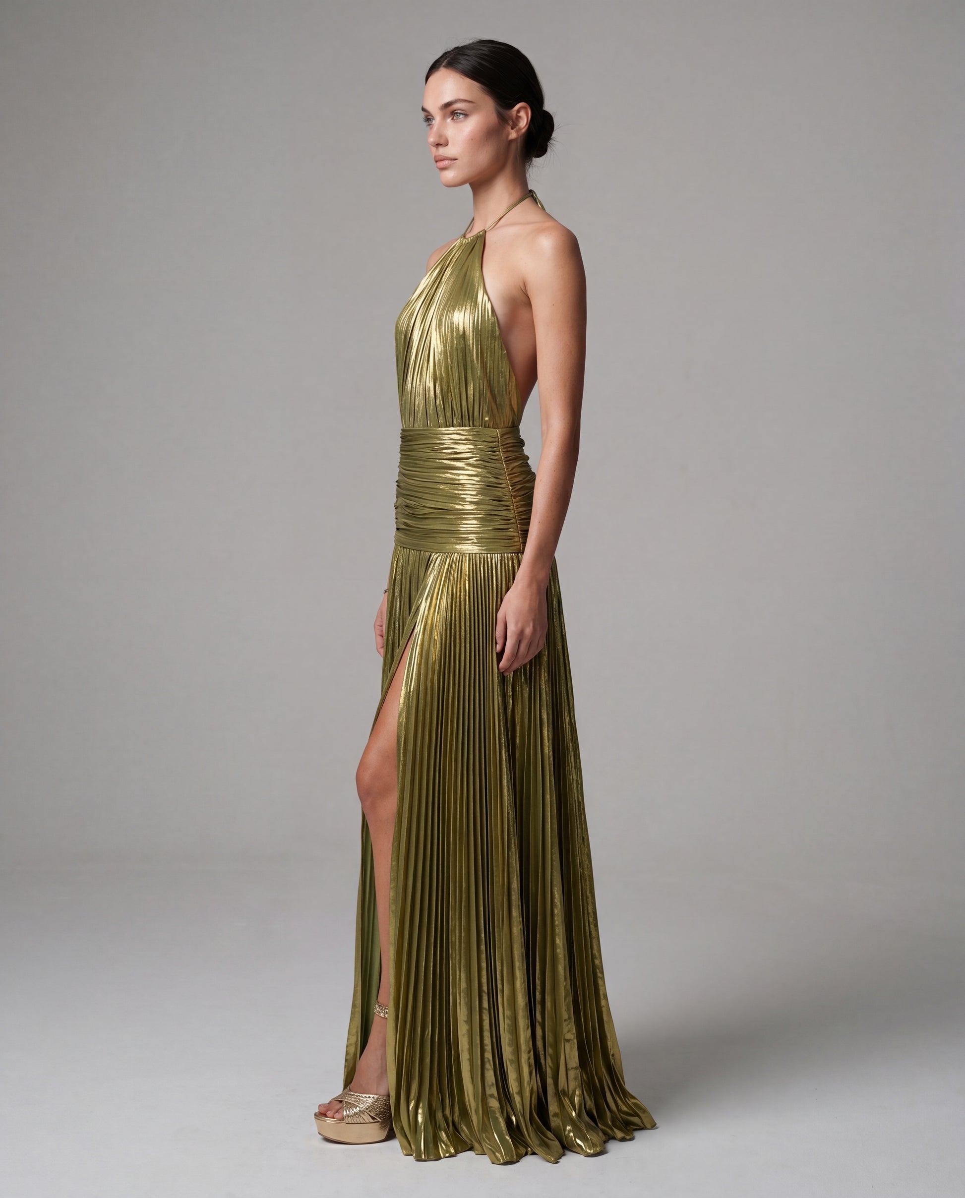 KIKI metallic pleated maxi - olivegold - left
