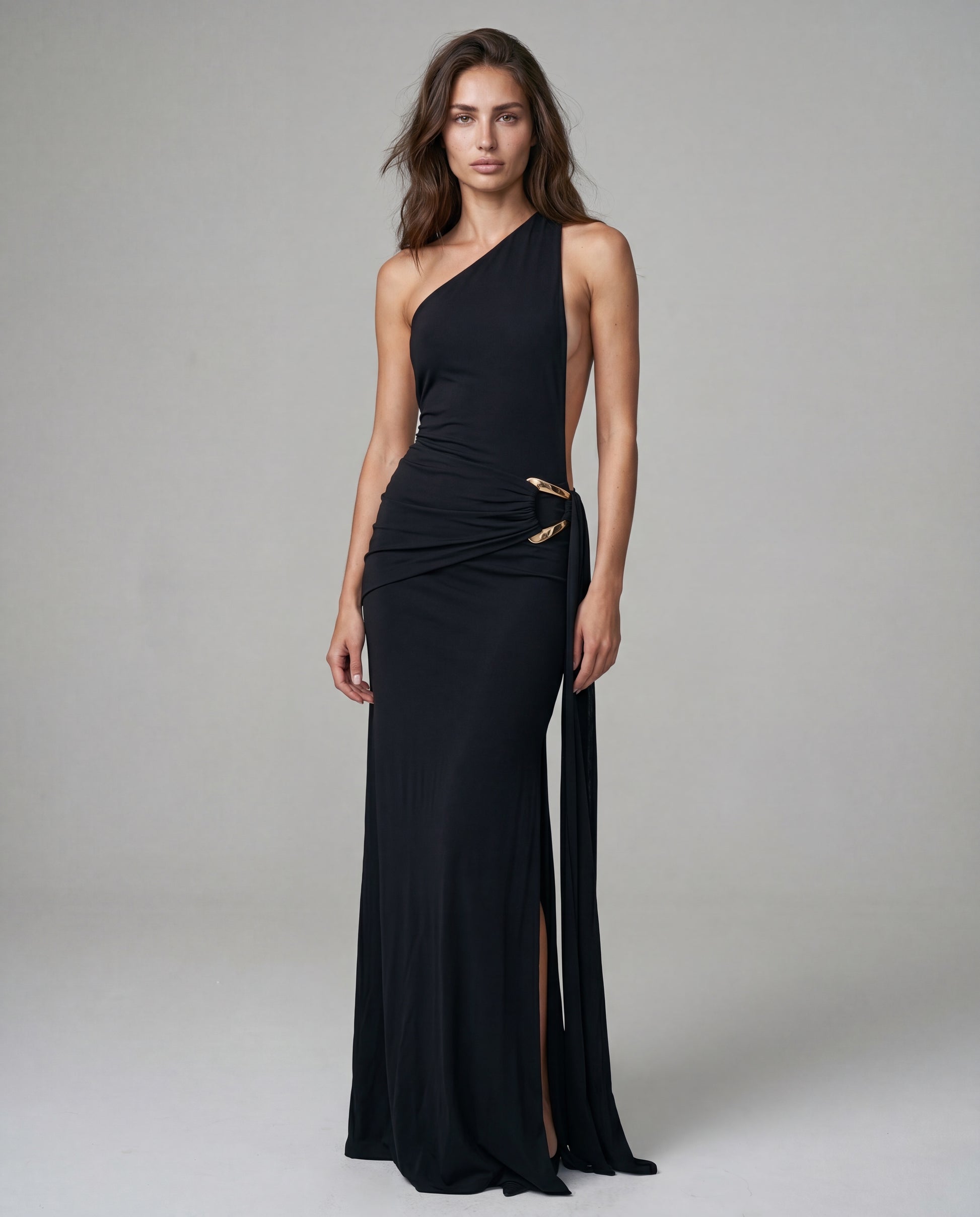 AMIT one-shoulder maxi - black - left
