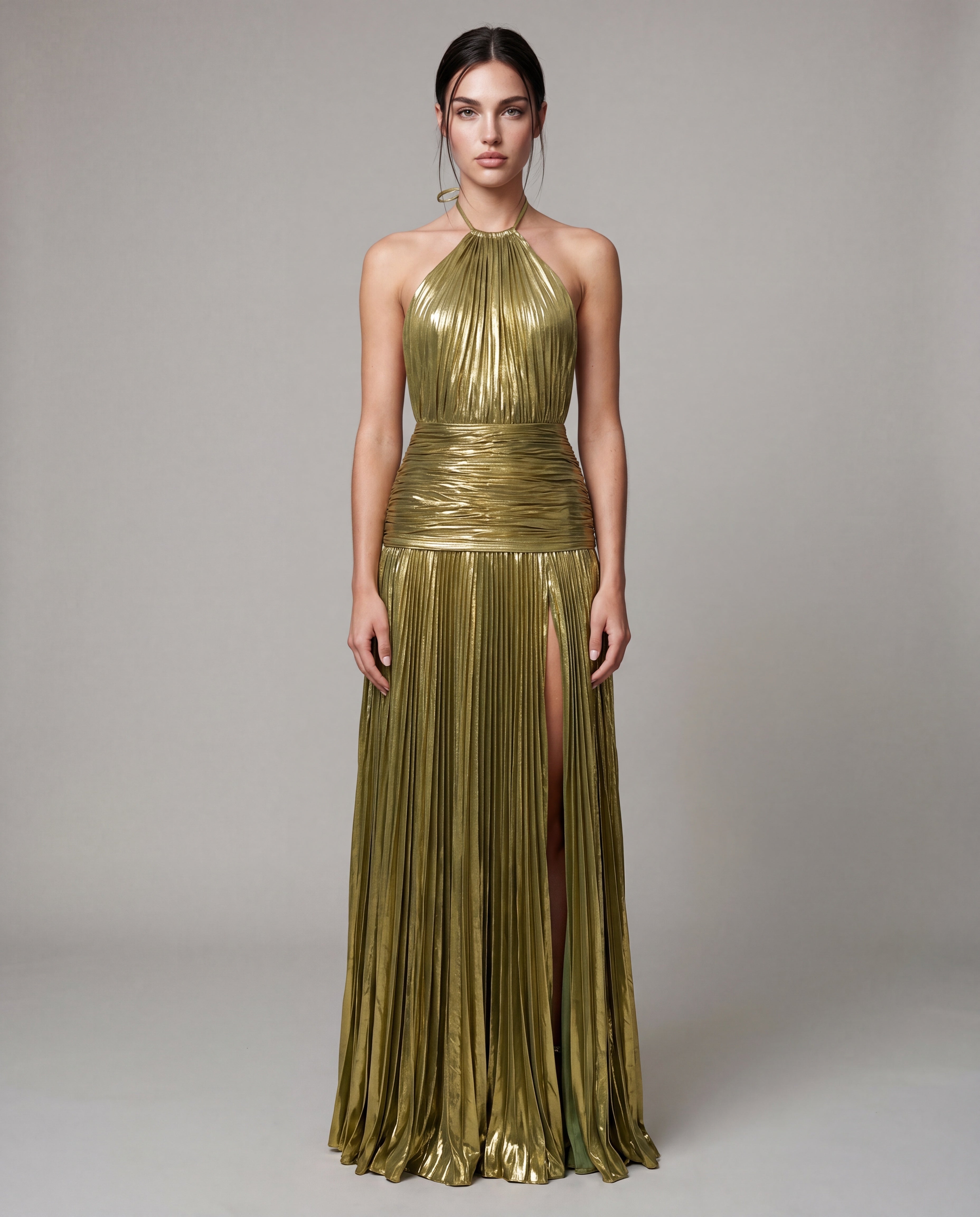 KIKI metallic pleated maxi - olivegold - front